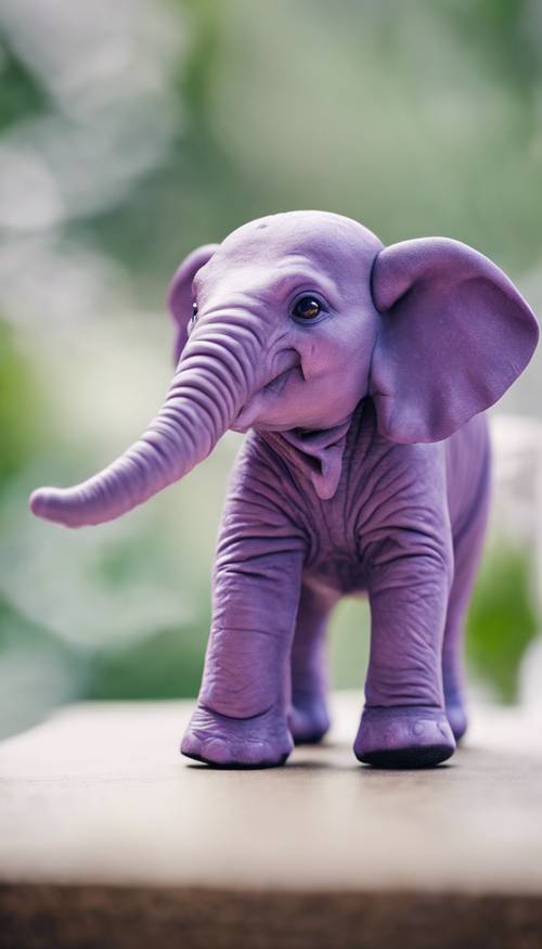 Un elefantino viola isolato su uno sfondo bianco, esplorando curiosamente i suoi dintorni.