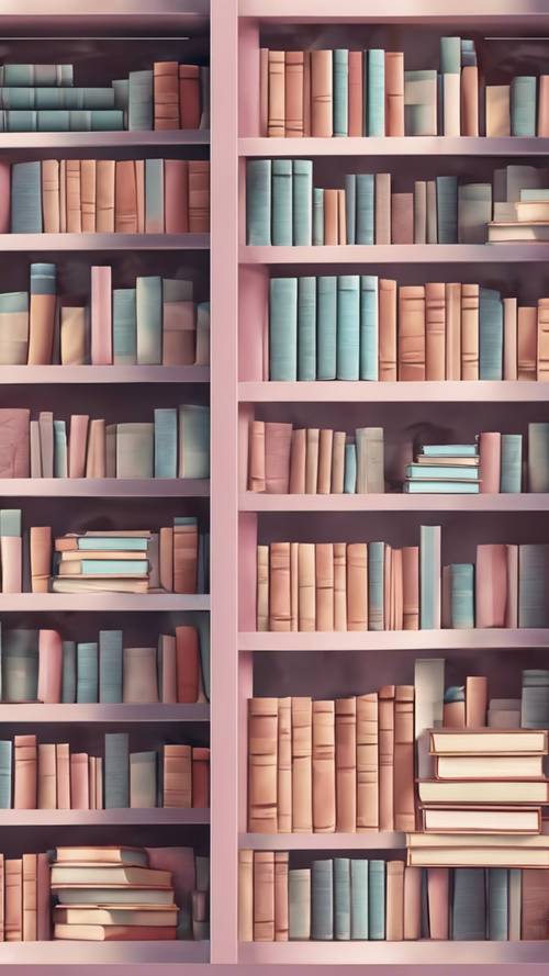 Przytulny kącik domowej biblioteki, wypełniony książkami w chłodnych pastelowych kolorach na półkach.