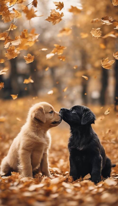 Goldene und schwarze Welpen spielen im Herbstlaub.