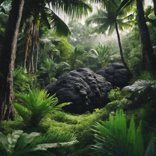 Schwarzer Lavastein inmitten eines üppig grünen tropischen Regenwaldes mit hohen Palmen.