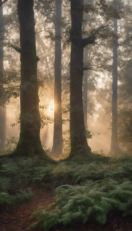 Świt wschodzący nad mglistym, nietkniętym lasem w scenerii z początku XX wieku”. Tapeta [8ef1e332752f4f3cb70d]