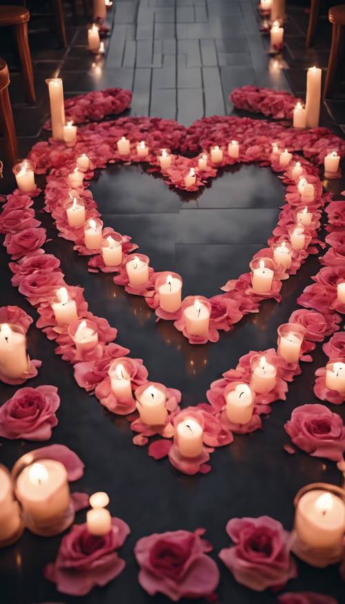 Un camino de pétalos de rosa que conduce a un corazón hecho de velas.