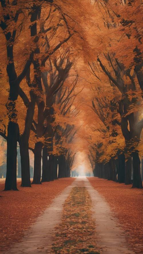 A pathway lined with trees blazing with fall colors.