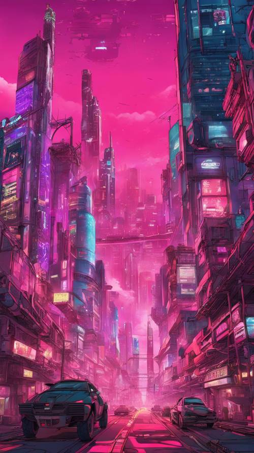 Uno straordinario paesaggio urbano pieno di veicoli futuristici e grattacieli sotto un cielo cyberpunk rosa intenso.