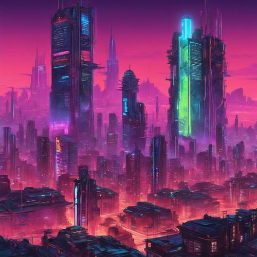A panoramic view of a dystopian cityscape with looming cybernetic skyscrapers festooned with neon glow, reflecting the cyberpunk ethos.
