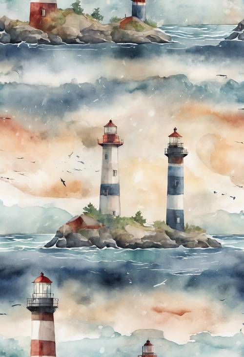 A pattern of lighthouse illustrations painted with soft watercolors.