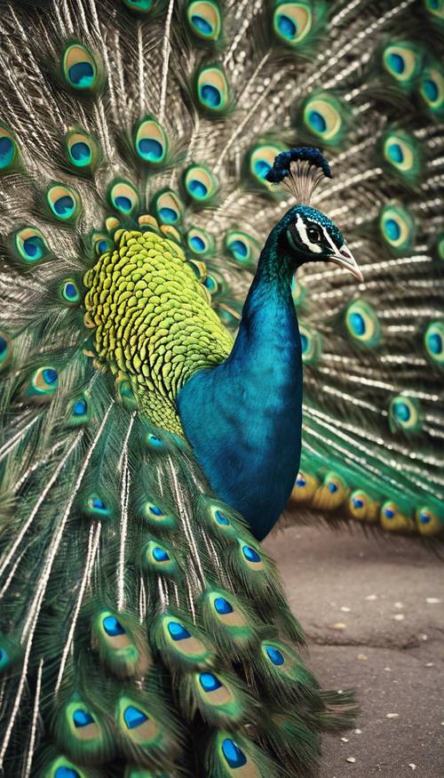美丽的孔雀展示其雄伟的蓝绿色羽毛。