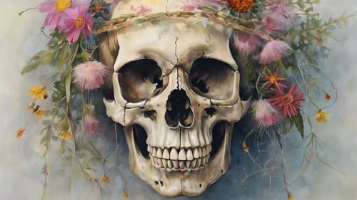 Peinture nature morte représentant un crâne orné d&#39;une guirlande de fleurs sauvages.