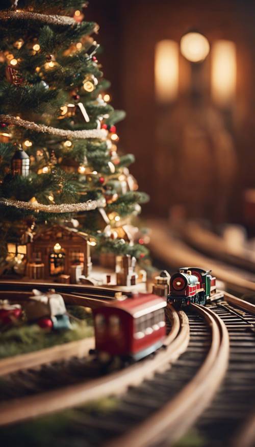 An antique wooden toy train set running in circles around a lavishly decorated, floor-to-ceiling Christmas tree. Тапет [49e379b7c4f543868a74]