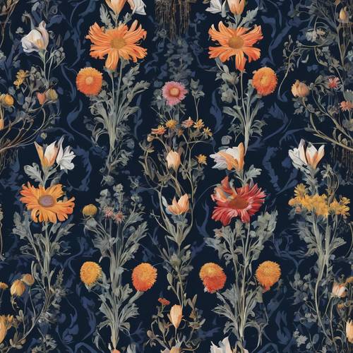 An intricate damask design with an assortment of colorful wildflowers on a midnight blue backdrop. Tapet [15725aa42d084e4d8b4b]