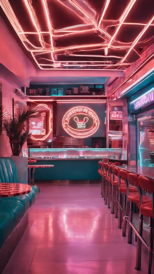 Interior kedai makanan cepat saji dirancang dengan estetika Y2K - papan tanda neon, furnitur krom, penggunaan plastik dan baja berlebihan