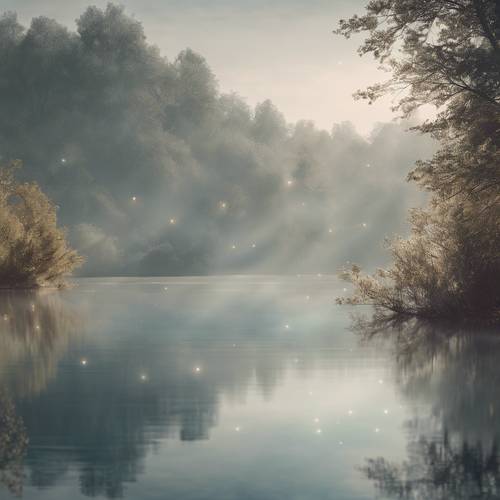 Una serena escena de lago, representada en abstracto a través de volutas de humo etéreo flotando sobre aguas tranquilas.