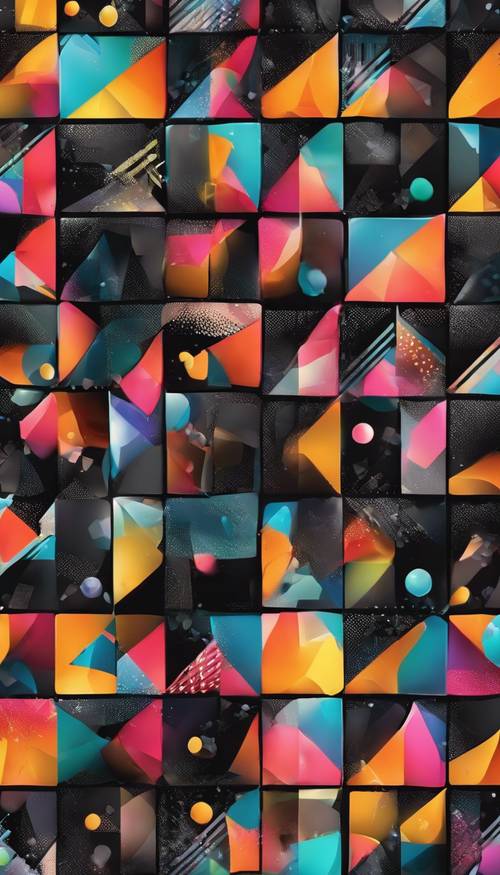 Pattern of vibrant geometric shapes on a black background Tapet [8b8323f62e4d4208af86]