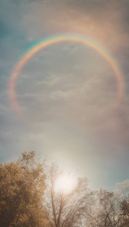 Un arcobaleno circolare di colore neutro che circonda il sole nel cielo di mezzogiorno.