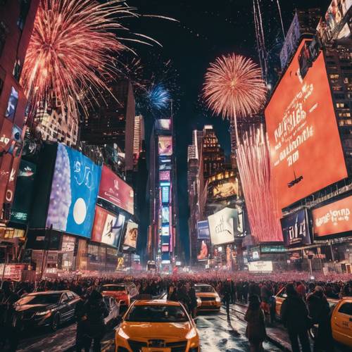 纽约时代广场跨年夜的午夜烟火表演。