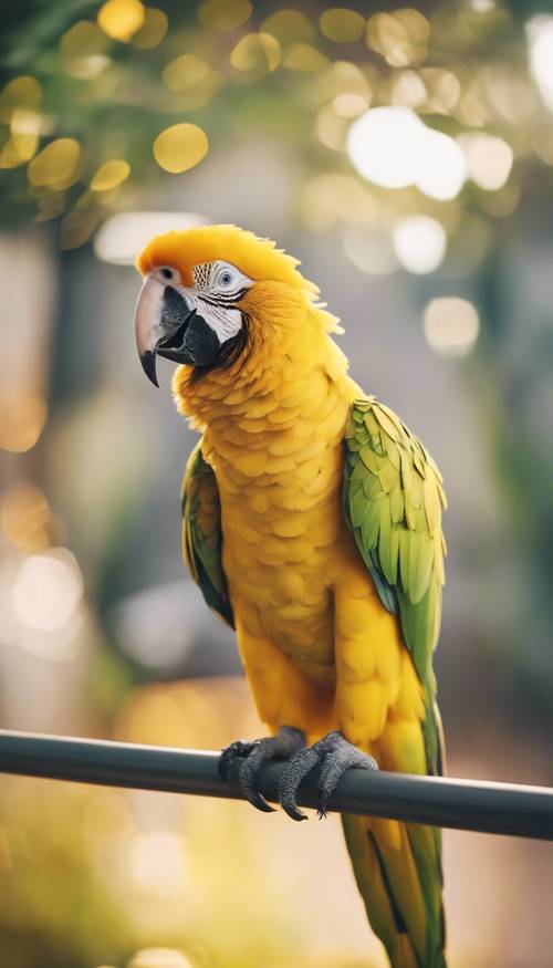 A parrot with vibrant yellow feathers that gradually change from a deep, golden yellow at the base to a lighter, pastel yellow at the tips.