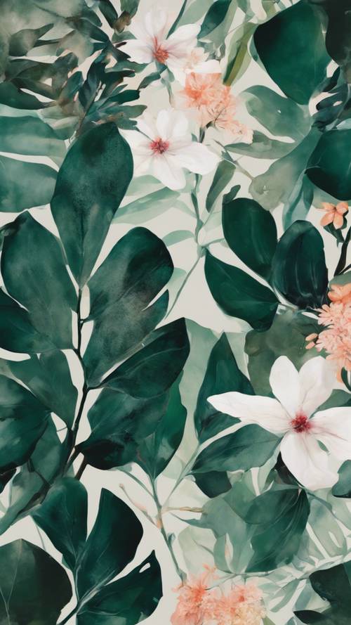 لوحة تجريدية لأوراق خضراء داكنة متشابكة مع أزهار جميلة.