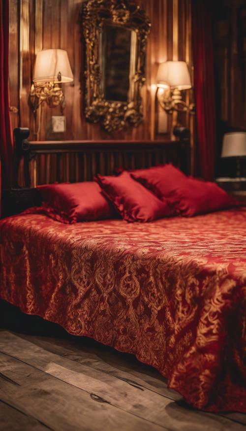 Loş bir odada antika bir ahşap yatağın üzerine düzgünce örtülmüş, zarif kırmızı ve altın rengi modern şam desenli yatak örtüsü.