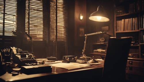 L&#39;ufficio di un detective noir vecchia scuola illuminato da un&#39;unica lampada da scrivania, mentre la città brilla debolmente attraverso le persiane.