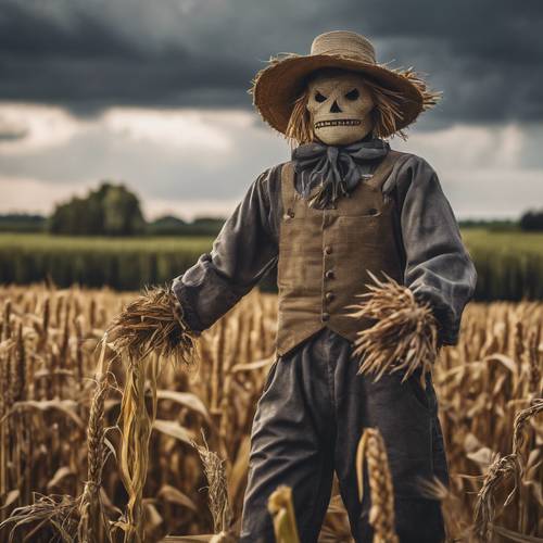 Uno spaventoso spaventapasseri sorveglia un campo di grano, mentre incombenti nuvole temporalesche.