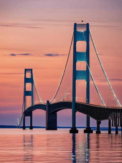 A spectacular view of the Mackinac Bridge in Michigan, lit up against the backdrop of a twilights-blue sky.