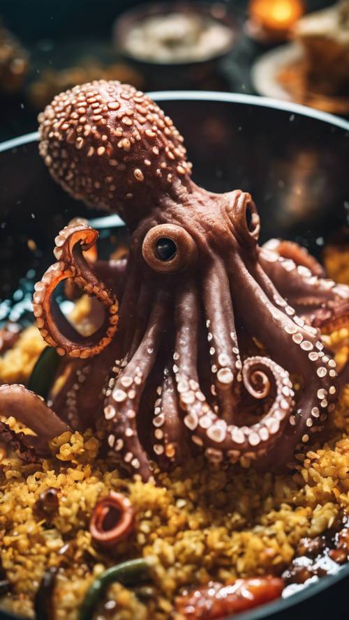An octopus cooking up a gourmet seafood paella over underwater volcano heat.