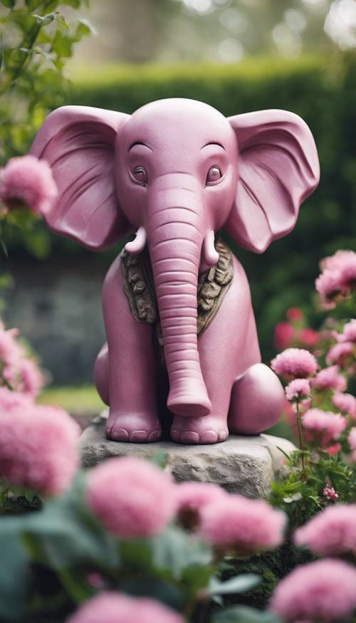 Patung batu gajah merah muda di taman yang tenang.