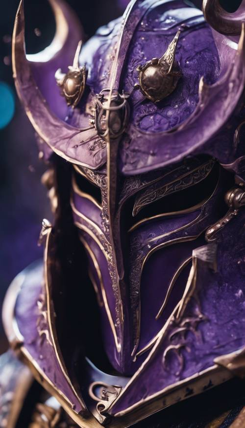 A detailed close-up of a purple samurai helmet with a crescent moon emblem Wallpaper [5cf2ed1995374bd0982a]