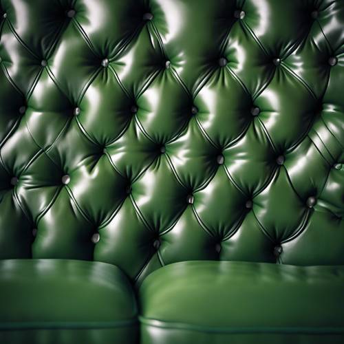 لقطة مقربة تفصيلية لأريكة تشيسترفيلد جديدة تمامًا من الجلد الأخضر مع وسائد زخرفية متطابقة.
