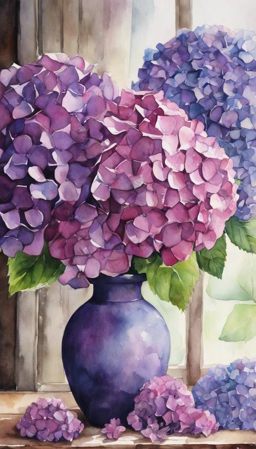A watercolor still life of a vase filled with vibrant purple hydrangeas on a wooden table.