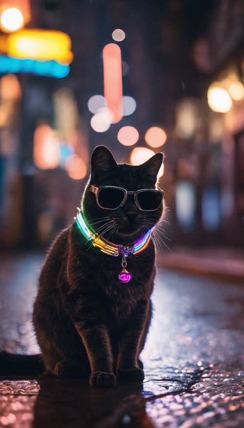 Um gato mamute preto e peludo usando óculos escuros grossos e um pingente prateado do ano 2000 na coleira passeando por uma rua iluminada por neon à noite.