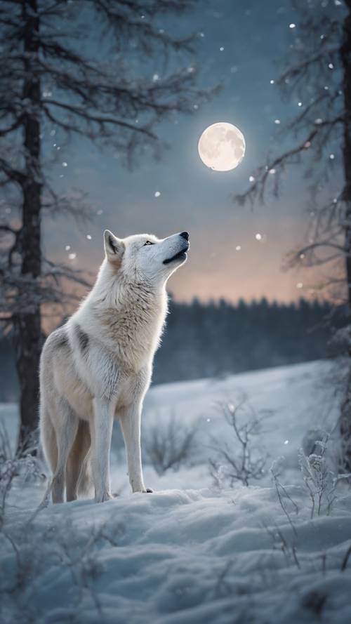 Um majestoso lobo branco uivando sob a luz da lua cheia em uma noite gelada de inverno.