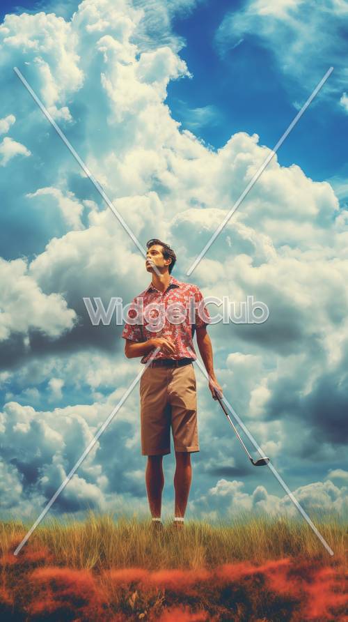Человек играет в гольф под голубым небом с пушистыми облаками
