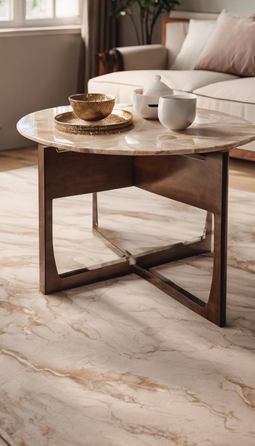 Uma elegante mesa de centro feita de mármore marrom, colocada sobre um tapete bege macio.