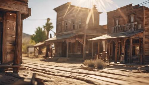 An old wooden western town with a dirt main street, under the hot afternoon sun