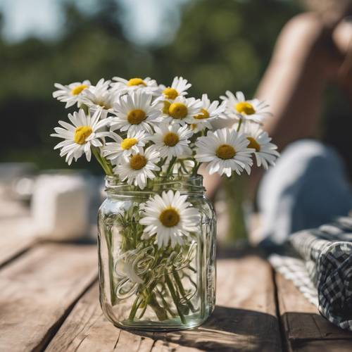 Several white daisies arranged in a Mason jar vase on a picnic table. Tapet [42e1f35e5cc04c4e8cfc]