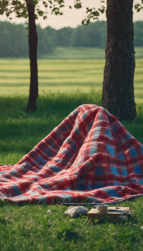 A red and blue checkered picnic blanket spread on a lush green meadow".