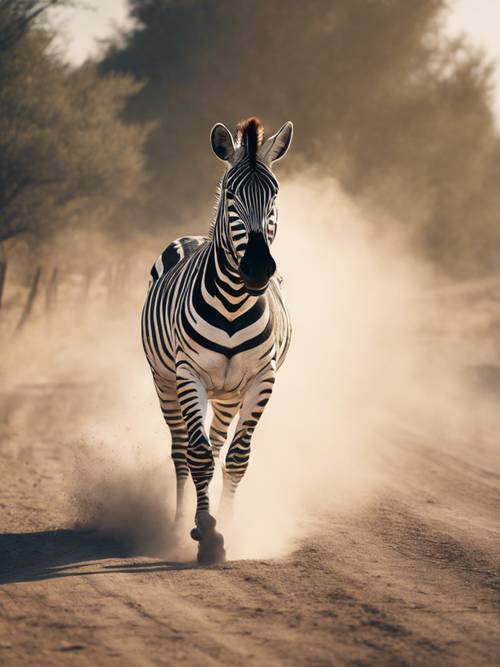 Оживленная зебра, стряхивающая пыль со своей шерсти на фоне пыльной проселочной дороги.