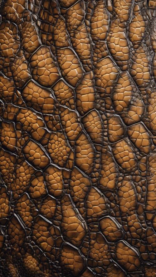 Uma foto macro da pele de um crocodilo, os padrões parecendo um mapa aéreo.