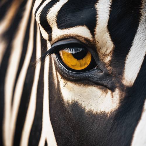 A closeup of a zebra's eye, showcasing its beautiful black and yellow striped pattern.