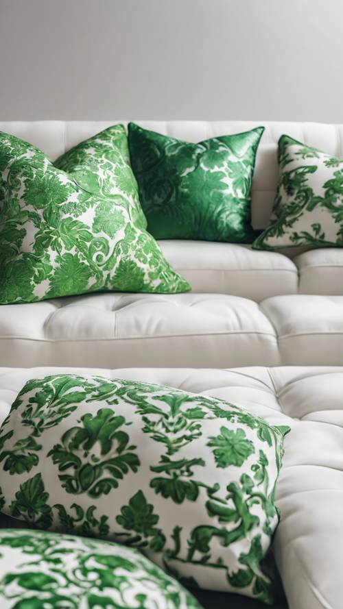 A collection of green damask throw pillows spread out on a modern white couch.
