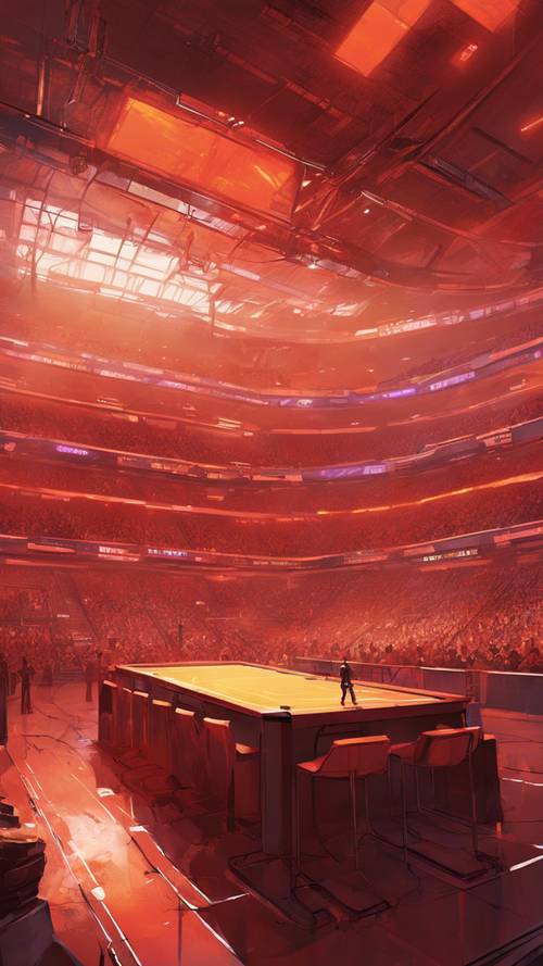 Uma arena de torneio de eSports intensamente aquecida e banhada por luzes vermelhas e laranja.