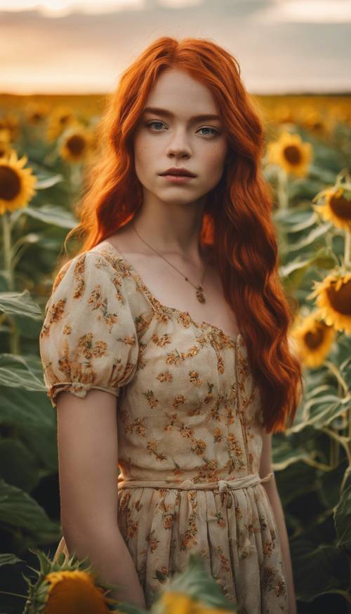 Une adolescente aux cheveux roux magnifiquement coiffés, vêtue d&#39;une robe vintage dans un champ de tournesols au coucher du soleil.