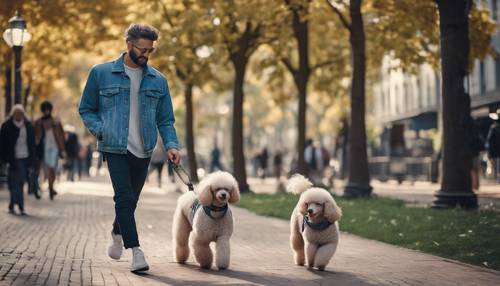 A fashionable man wearing a trendy denim jacket, walking his poodle in a busy city park.