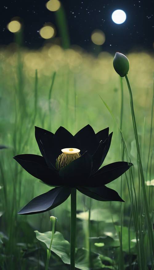 زهرة لوتس سوداء واحدة في حقل من العشب الأخضر عند منتصف الليل.