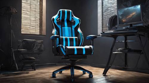 Cadeira de jogo preta com listras azuis em um quarto escuro