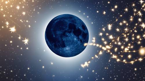 Cielo azul medianoche con una luna creciente brillante y estrellas titilantes.