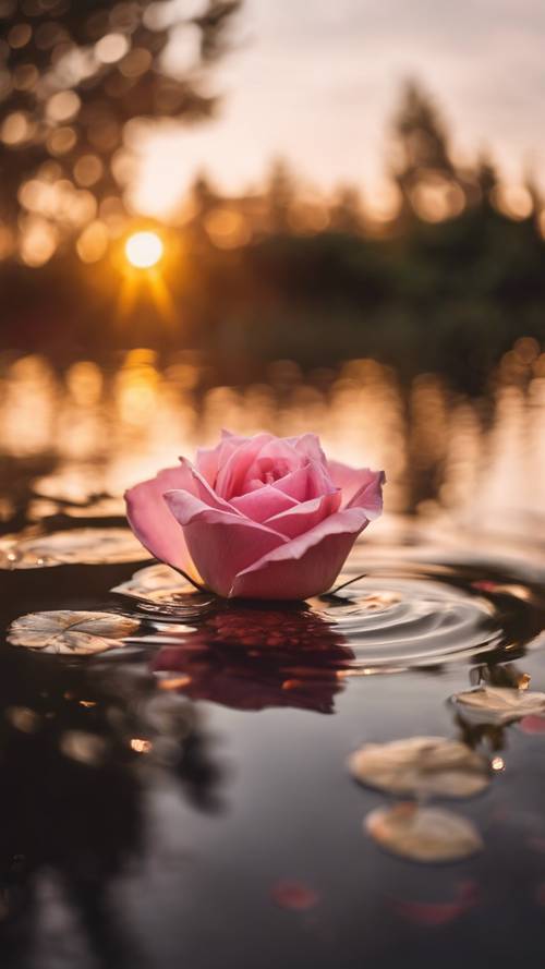 一片粉色的玫瑰花瓣漂浮在池塘上，沐浴着金色的日出光芒。