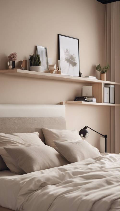 Um quarto minimalista bege com cama de casal, prateleiras flutuantes e uma mesa moderna e elegante.