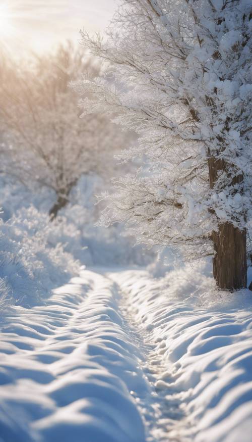 Uma paisagem serena coberta de neve sob um céu azul brilhante de inverno.